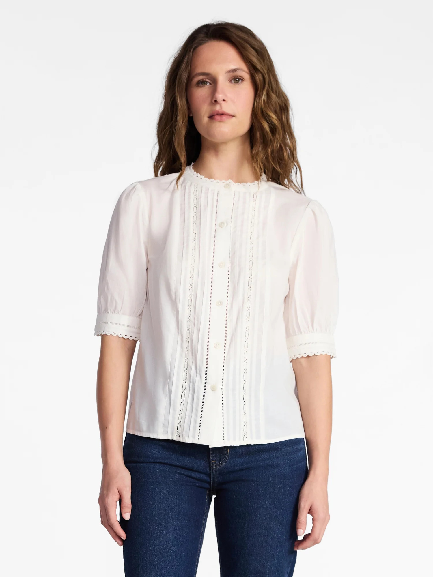 Time and Tru Women's and Women's Plus Cotton Lace Inset Blouse with Elbow Length Sleeves, Sizes X... | Walmart (US)