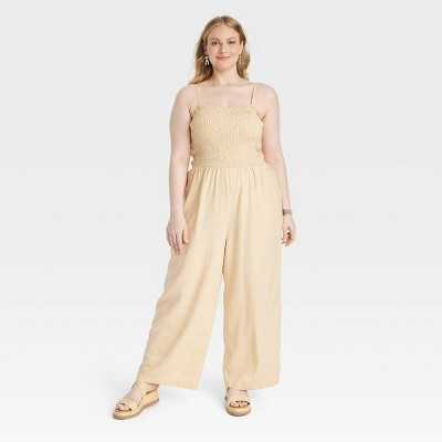 Women's Smocked Linen Maxi Jumpsuit - Universal Thread™ Tan 1X | Target