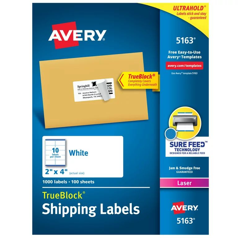 Avery TrueBlock Shipping Labels, Sure Feed Technology, Permanent Adhesive, 2" x 4", 1,000 Labels ... | Walmart (US)