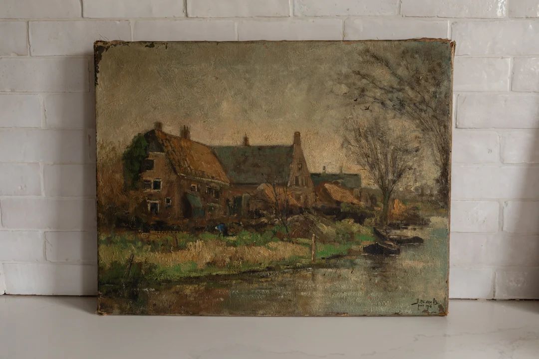 1916 Dutch Shabby Antique Rustic Farm Countryside Scene - Oil on Canvas Painting | Etsy (US)