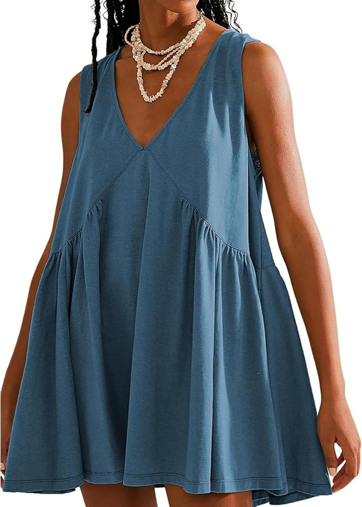 Women's V Neck Sleeveless Mini Dress Loose Summer Pleated Swing Flowy Sundress | Amazon (US)