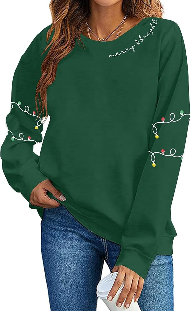 Christmas Sweatshirt for Women Christmas Light Sweatshirts Merry And Bright Xmas Long Sleeve Shir... | Amazon (US)