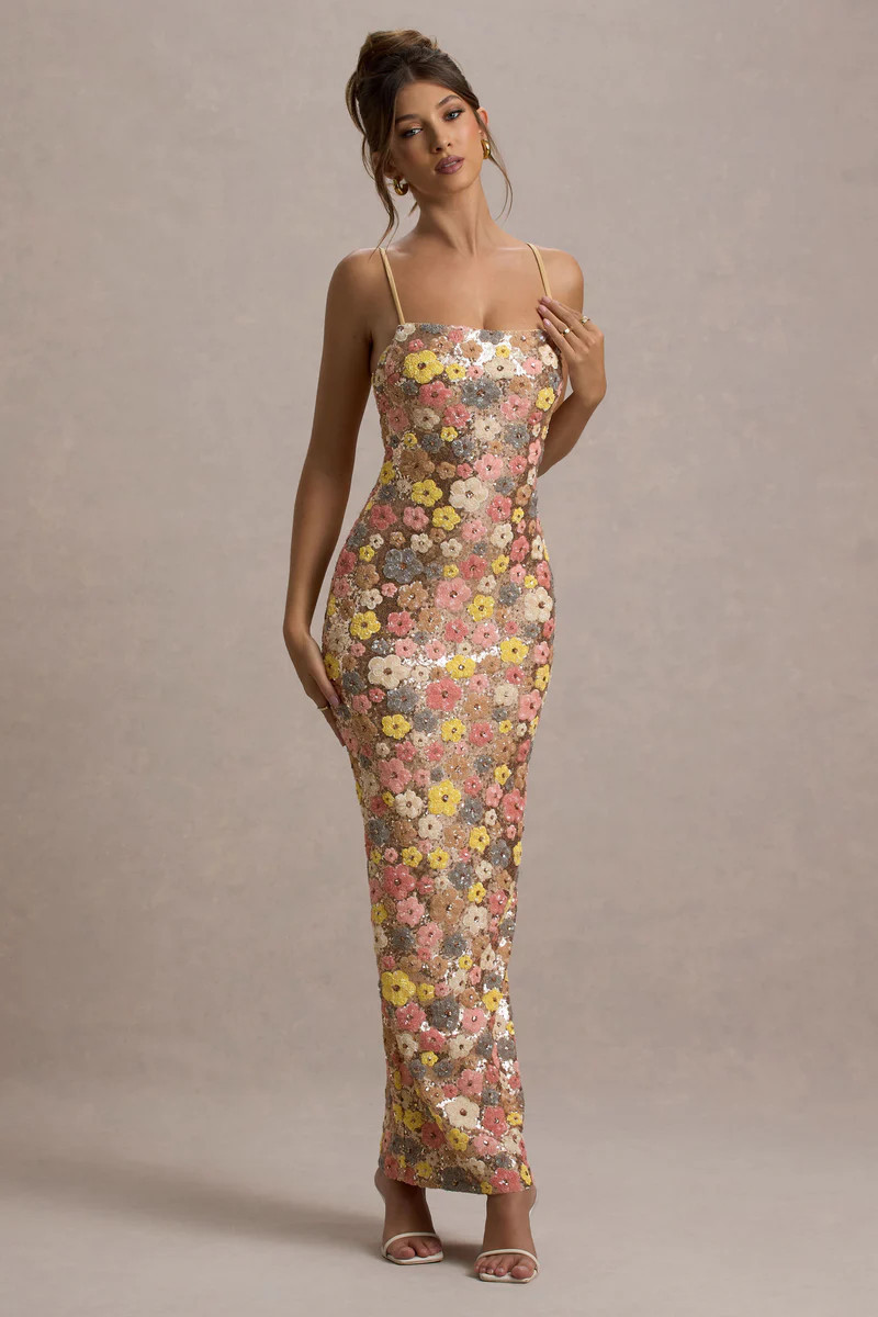 Vitora  Pastel Floral Print Sequin Square-Neck Maxi Dress | Club L London