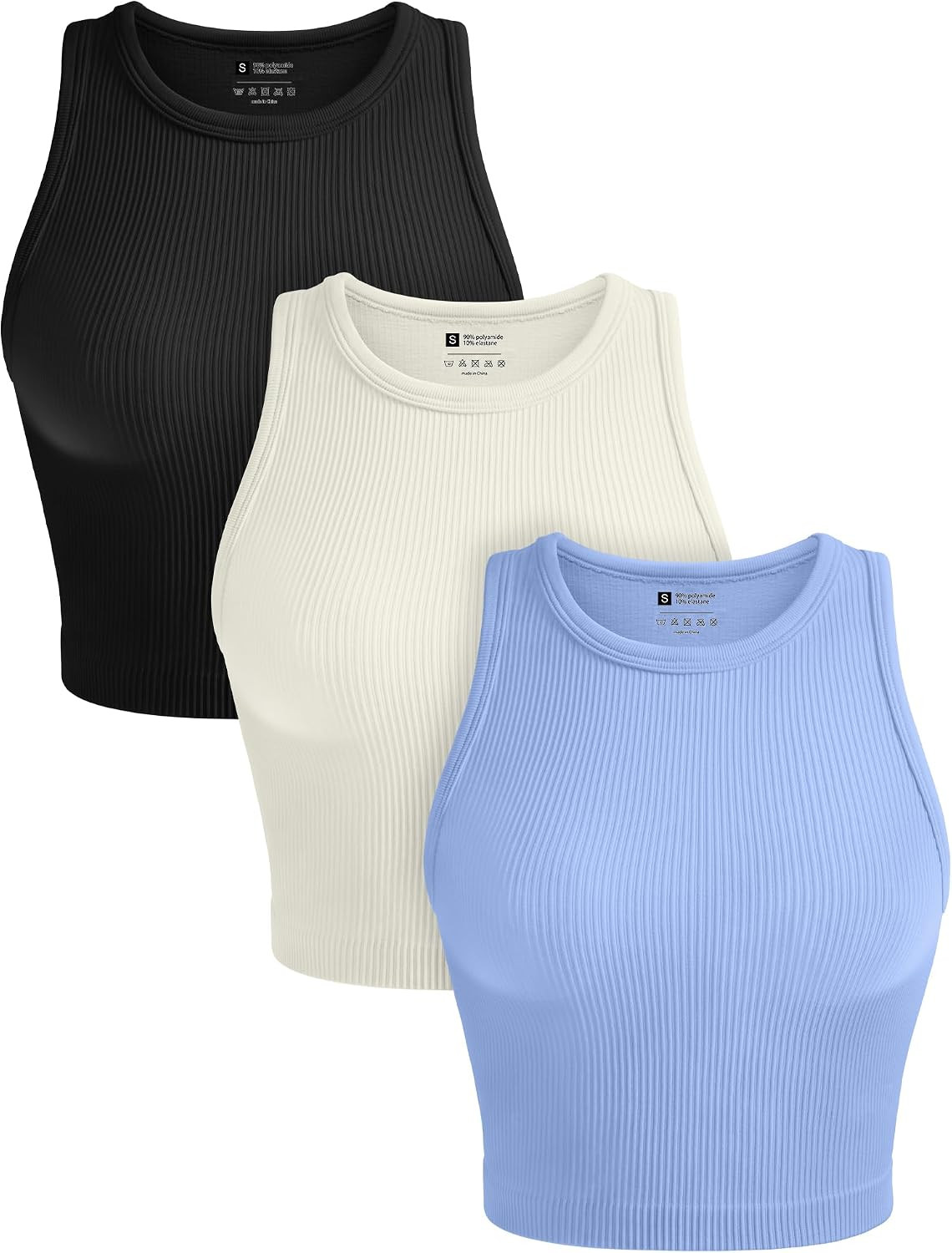 OLCHEE Womens 3 Pack Crop Tank Tops Basic Seamless Ribbed Round High Neck Racerback Workout Top Summer Causal Yoga Gym Shirts | Amazon (US)