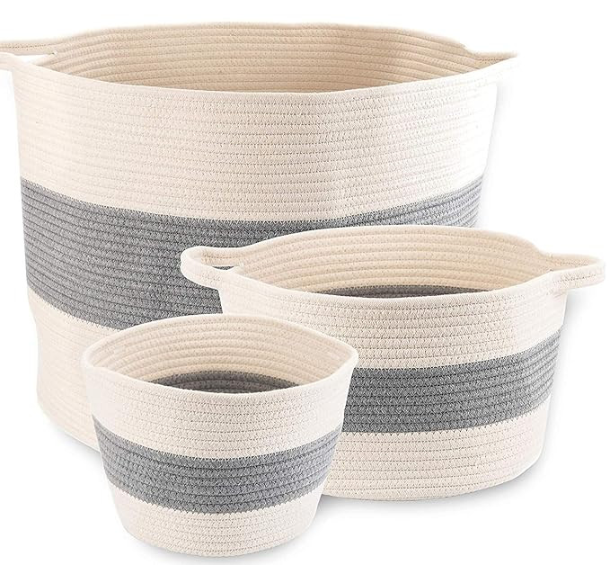 Little Hippo 3pc Large Cotton Rope Basket (21"x16") 100% Natural Cotton! Rope Basket, Woven Stora... | Amazon (US)