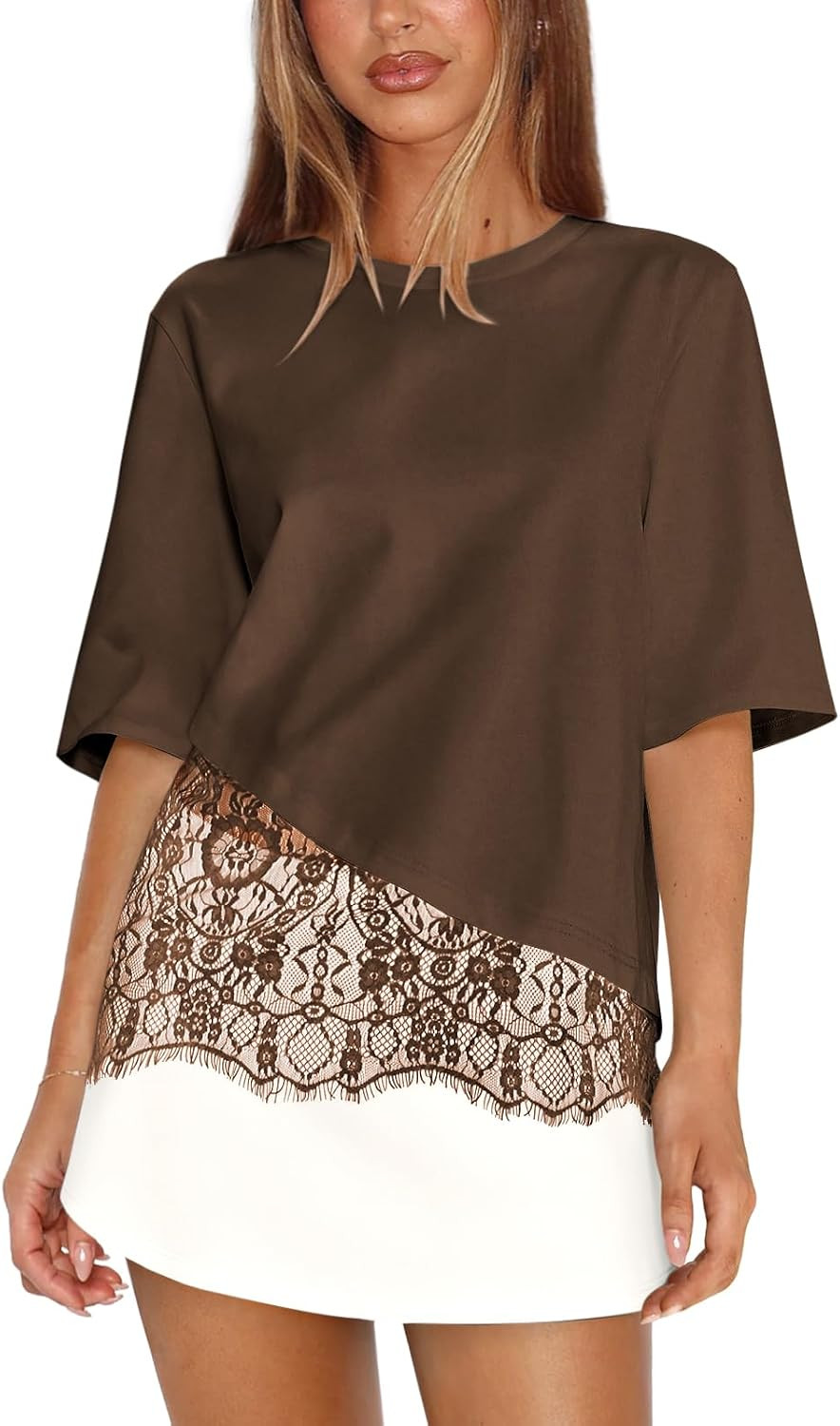 Womens Patchwork T Shirt with Lace Overlay Tops | Amazon (US)