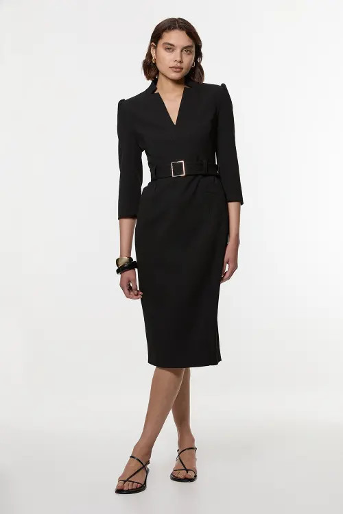 Karen Millen 3/4 Sleeve Belted Midi Dress in Black at Nordstrom, Size 2 | Nordstrom