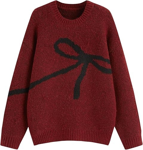 CIDER Sweaters for Women Crew Neck Bow Knit Loose Fit Sweater Long Sleeve Pullover Y2k Top Cute F... | Amazon (CA)