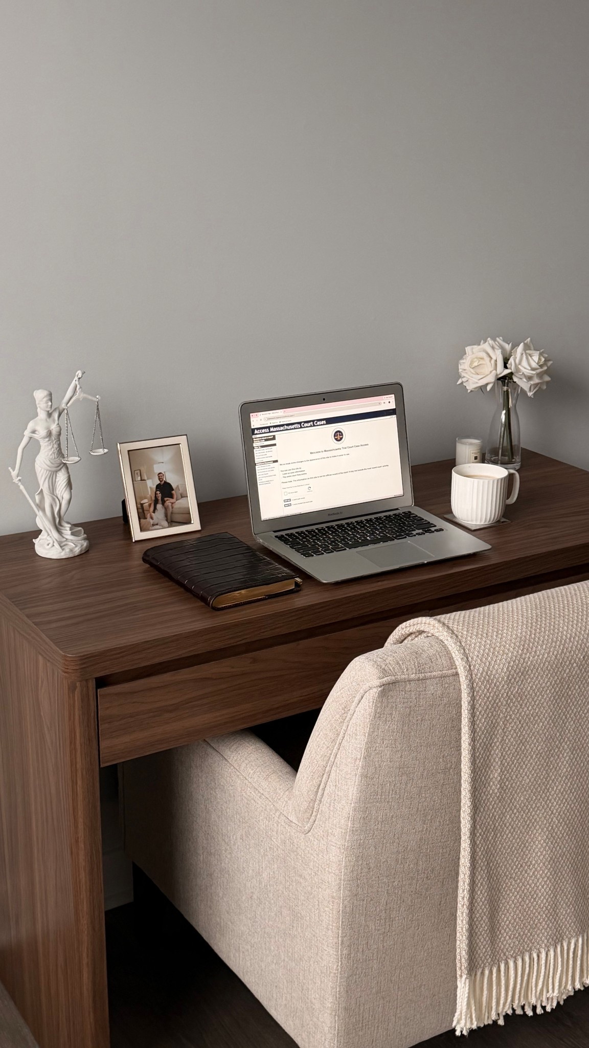 Chic home office 
Satin walnut wooden desk
Croc leather journal notebook
Ribbed mug 
Lawyer decor
Law decor
Jo Malone candle
Aspinal London
Faux white roses
Artificial white roses
Linen accent chair
Fringe throw blanket

#LTKHome #LTKWorkwear #LTKmorningroutine