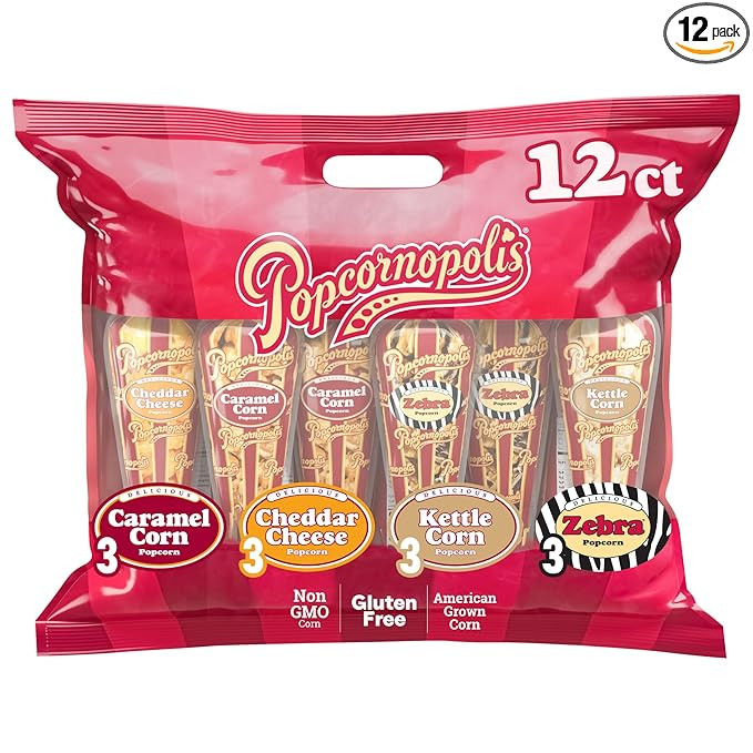 Popcornopolis Gourmet Popcorn Cone Variety Pack – Zebra, Cheddar Cheese, Caramel & Kettle Corn ... | Amazon (US)