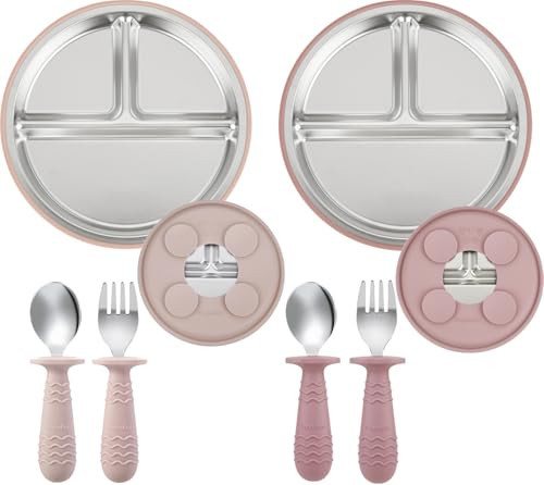 PandaEar 2 Pack Stainless Steel Baby Suction Plates & 2 Pack Spoons and Forks Set, Toddler Utensils Baby Feeding Set, Divided Plates for Baby Led Weaning Supplies, BPA-Free (Pink) | Amazon (US)