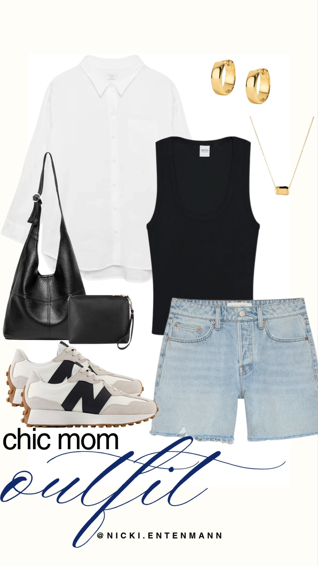 Look effortlessly put together with this chic mom outfit idea. A ribbed black tank, light wash denim shorts, and crisp white button down layer pair seamlessly with retro sneakers, black leather bag, and gold jewelry. #chicmom #momstyle #casualoutfit #everydayfashion #outfitinspiration #streetstyle #capsulewardrobe #momfit #shoppinghaul #modernliving 👟👜✨ 

 #LTKootd #LTKmomlife #LTKSaleAlert
