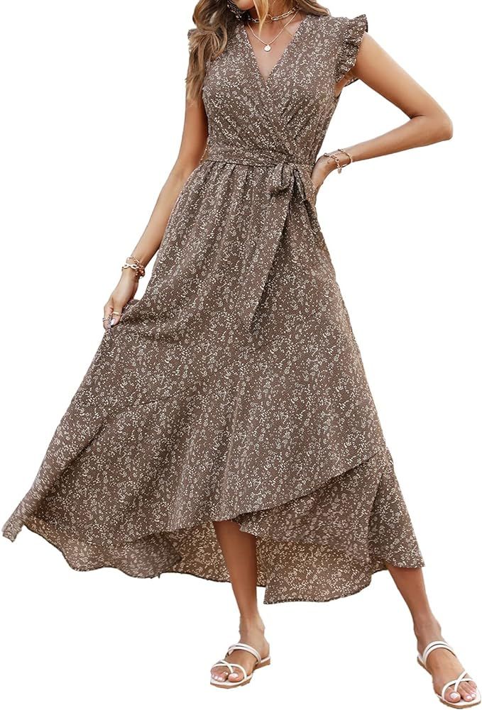 Women's Summer Dresses 2023 V Neck Cap Sleeve Ruffle Hem Tie Waist Boho Floral Casual Maxi Dress | Amazon (US)
