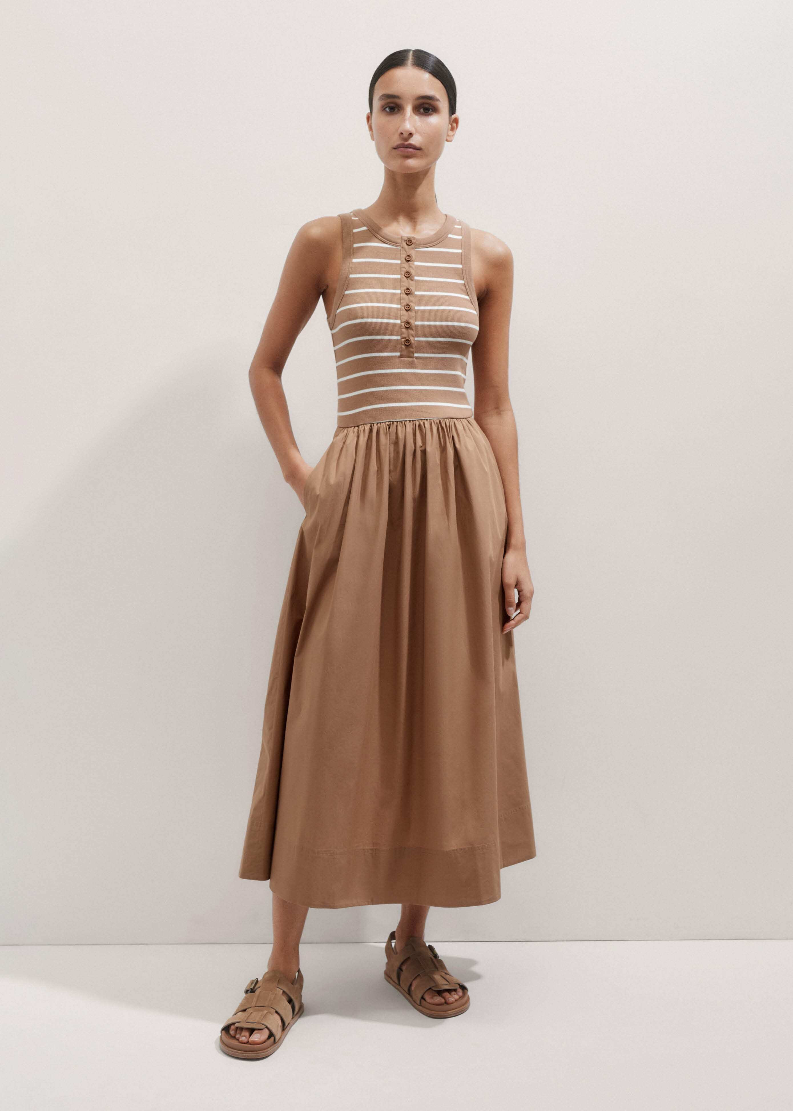 Women's Brown Button-Front Mixed Media Maxi Dress | ME+EM | ME+EM US