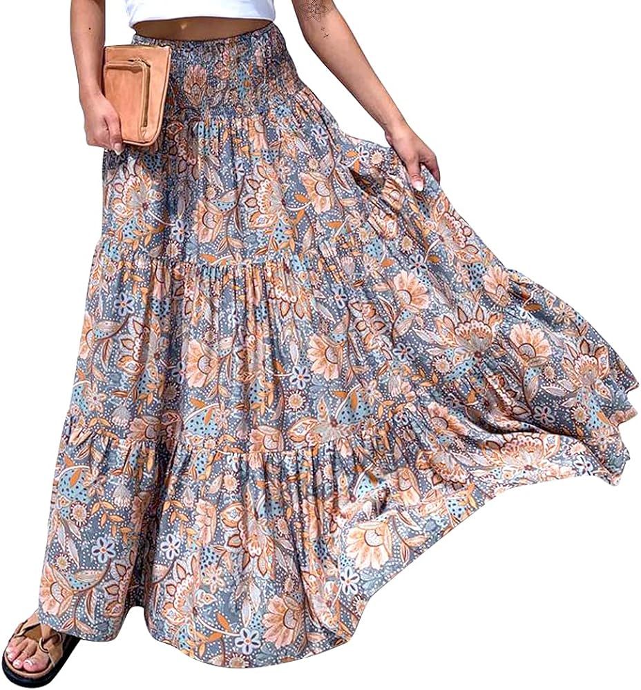 Exlura Women's Bohemian Floral Printed High Waist Pleated Beach Party Long Maxi Skirt Sage Green | Amazon (US)