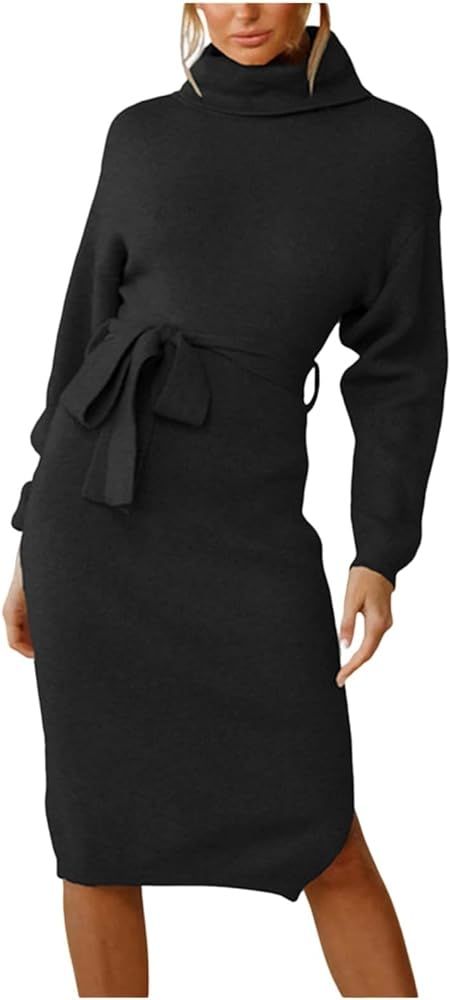 Women Turtleneck Sweater Dress Long Sleeve Belt Midi Dress Slim Elegant Knit Dresses       
Mater... | Amazon (US)