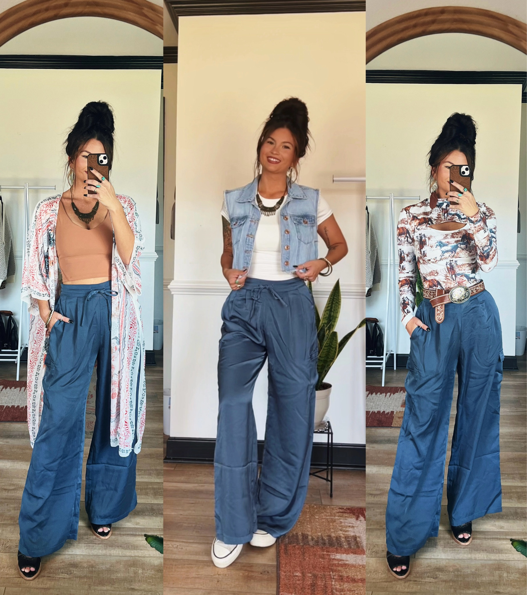 Style these beautiful blue satin cargo pants 3 ways! Vest is no longer available but linking similar here!! I cut mine myself to make it more cropped. LORI20 to save on horse top. Code LORI to save on pants 

Jewelry thrifted!

#LTKSeasonal #LTKFindsUnder100 #LTKStyleTip