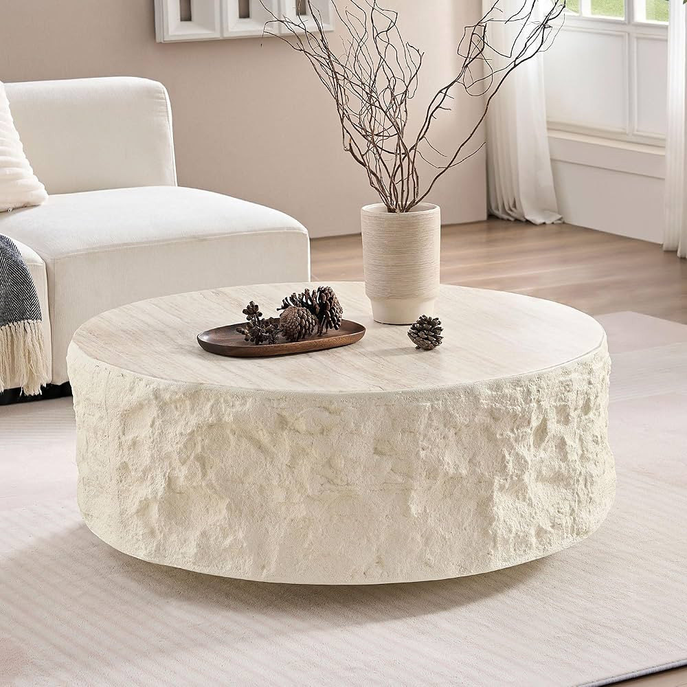 35.4'' Fibreglass Mid-Century Round Centre Coffee Table Vintage Faux Stone Sofa Pre-Modern Coffee... | Amazon (US)