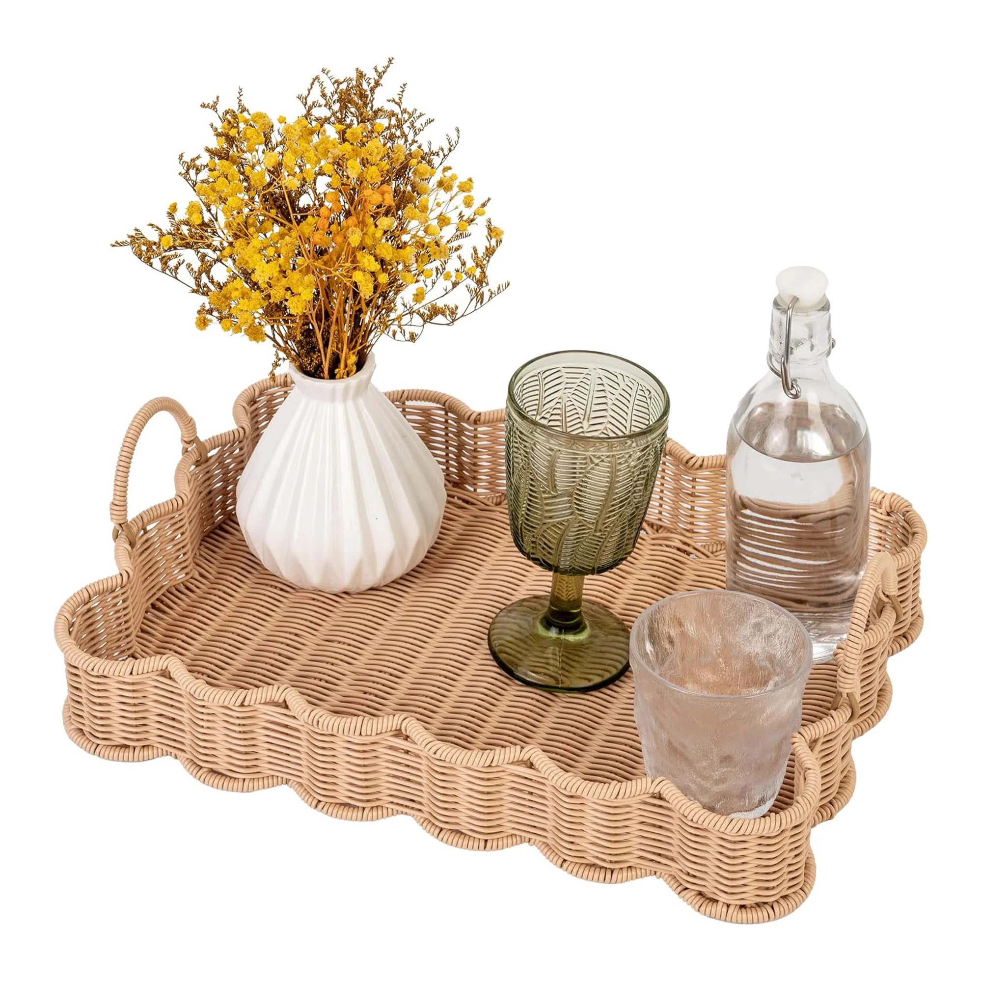 Scalloped Edge Rectangle Wicker Serving Tray with Handles, Decorative Coffee Table Tray, Waterpro... | Wayfair North America