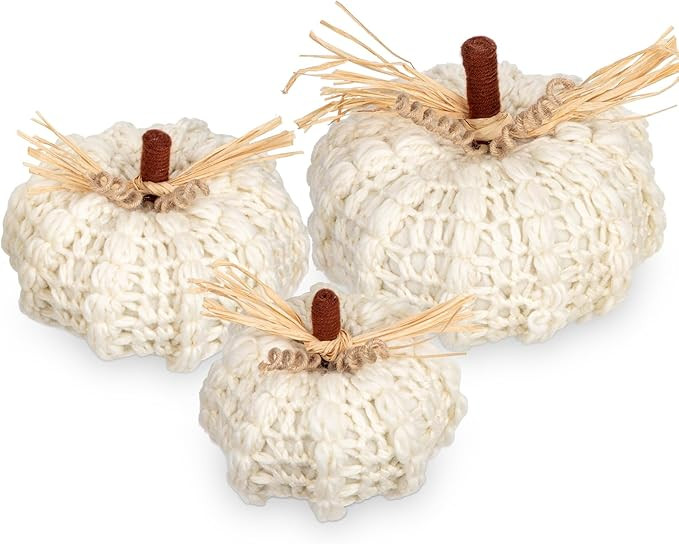 Briful Extra Large Neutral White Yarn Fall Pumpkins, 3 Sizes Handmade Knitted Crocheted Pumpkins,... | Amazon (US)