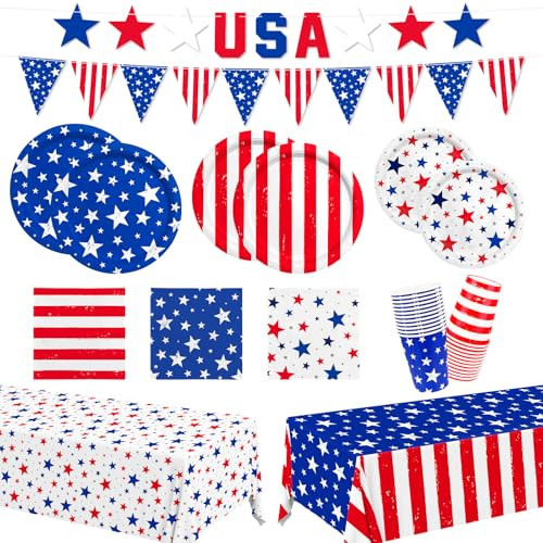 4th of July Party Supplies Set, Patriotic Theme Kit for Independence & Election Day Decorations, Includes Plates, Napkins, Cups, Banner, Tablecloth -Patriotic & 4th of July Party Decorations-24 Guests | Amazon (US)