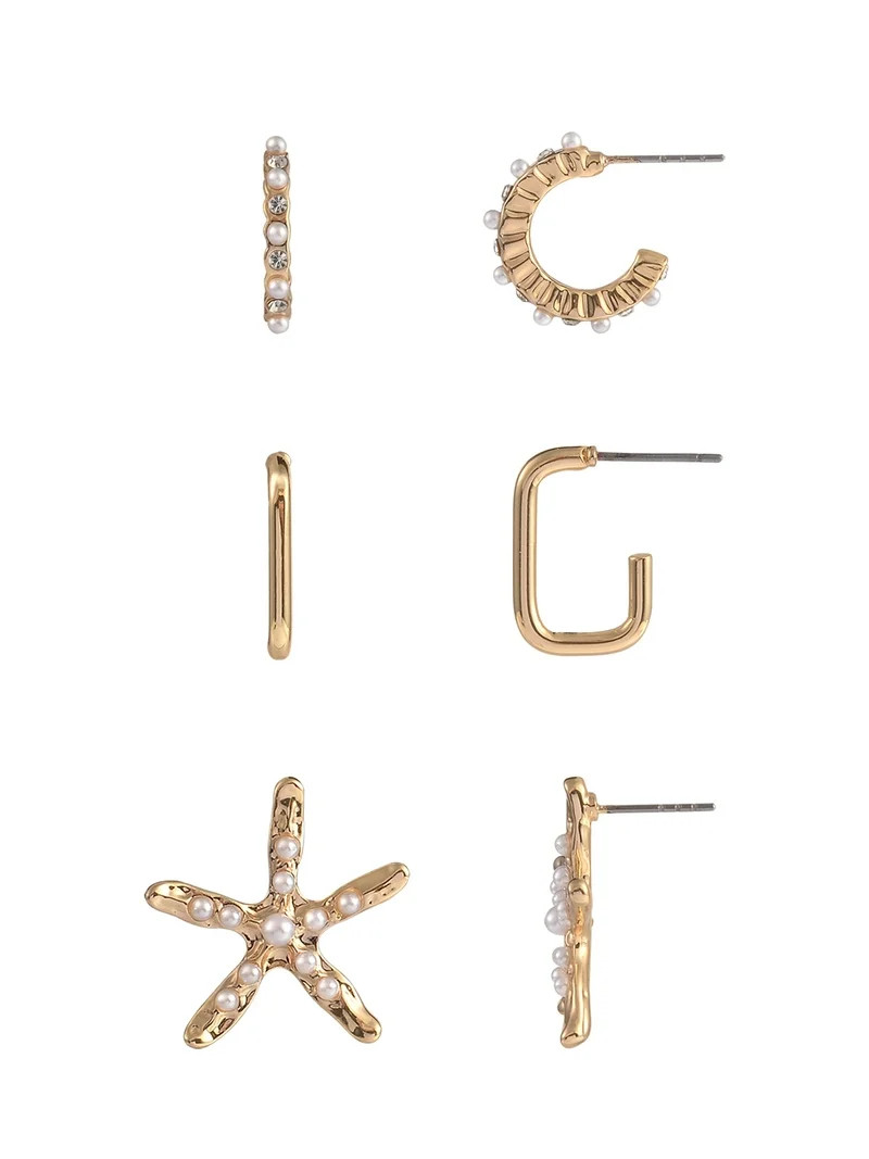 Time and Tru Adult Female Gold-Tone Acrylic Pearl Starfish and Hoops Multi Earring Set - 3 Pairs | Walmart (US)