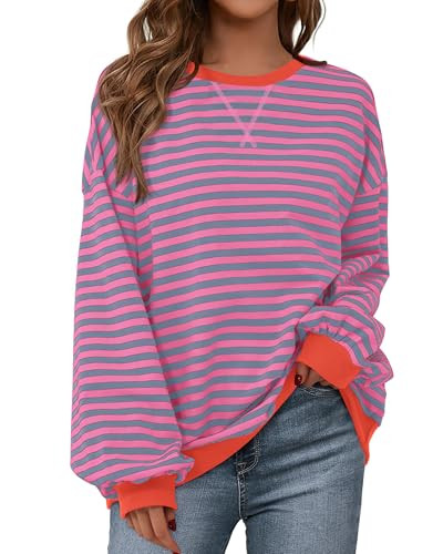 BTFBM Womens Oversized Striped Sweatshirt Crewneck Long Sleeve Pullover Top Casual Y2K Fall Clothes 2025 Workout Shirt(Rose Red Grey Blue, X-Large) | Amazon (US)