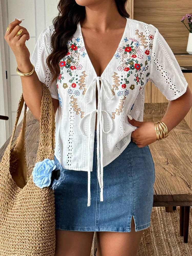 Weeklong Women's Locational Printed Embroidered Fabric Drawstring Long Sleeve Blouse | SHEIN