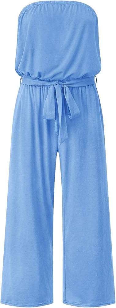 ZESICA Women's Casual Off Shoulder Solid Color Strapless Belted Wide Leg Jumpsuit Romper | Amazon (US)