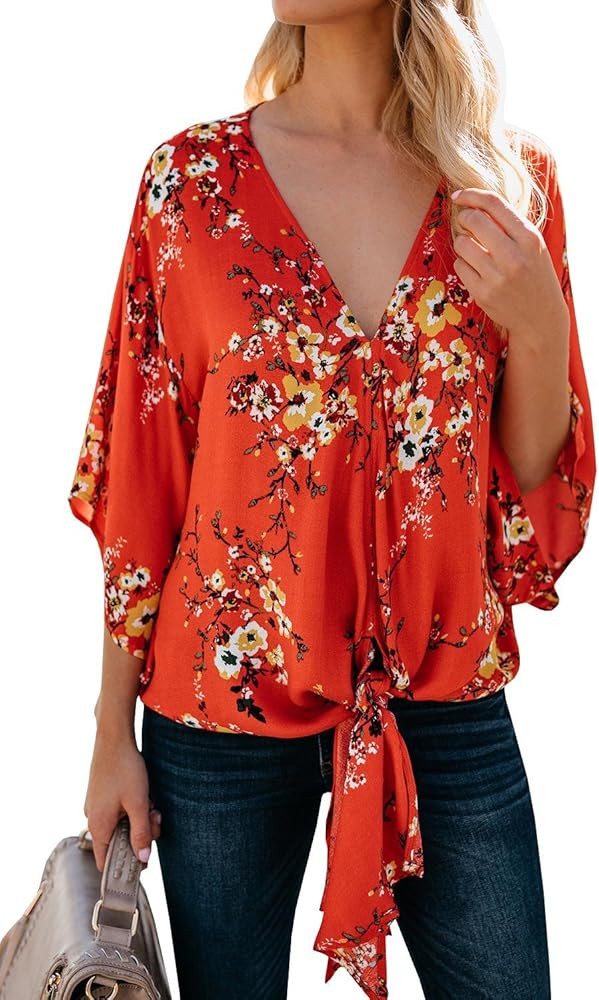 Womens Floral V Neck Tie Knot Front Blouses Bat Wing Short Sleeve Chiffon Tops Shirts | Amazon (US)