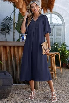 Dokotoo Summer Dresses for Women 2026 Casual Dresses V Neck Puff Sleeve Empire Waist A-Line Maxi ... | Amazon (US)