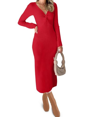 RAISECOM Womens Ribbed Knit Maxi Dresses Long Sleeve V Neck Casual Sweater Dress Bodycon Midi Dre... | Amazon (US)