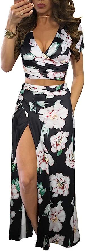 Aro Lora Women's Sexy V Neck Floral Printed Side Slit Two-Piece Maxi Dress | Amazon (US)