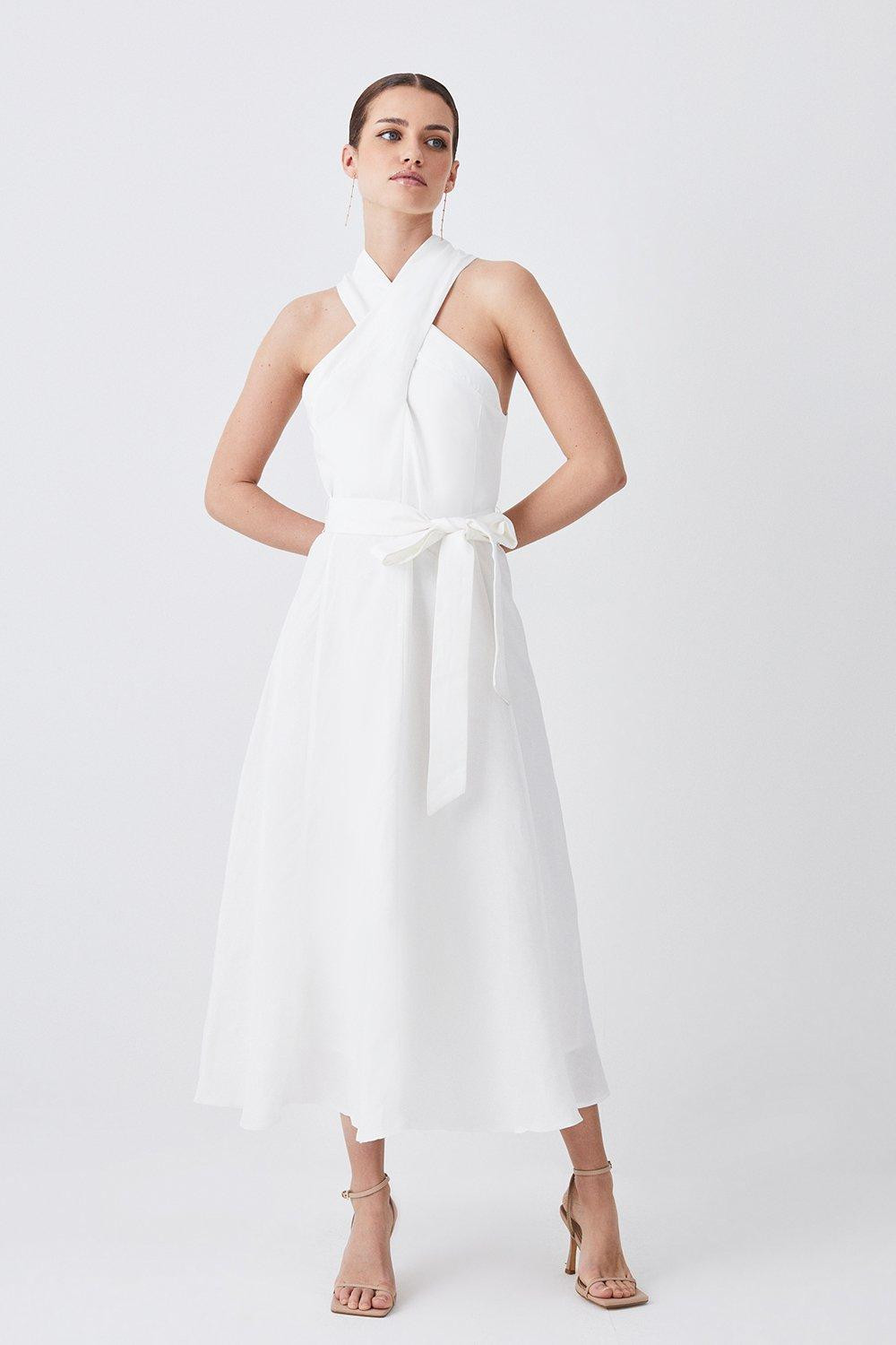Lydia Millen Petite Linen Neck Belted Full Skirt Midi Dress | Karen Millen US
