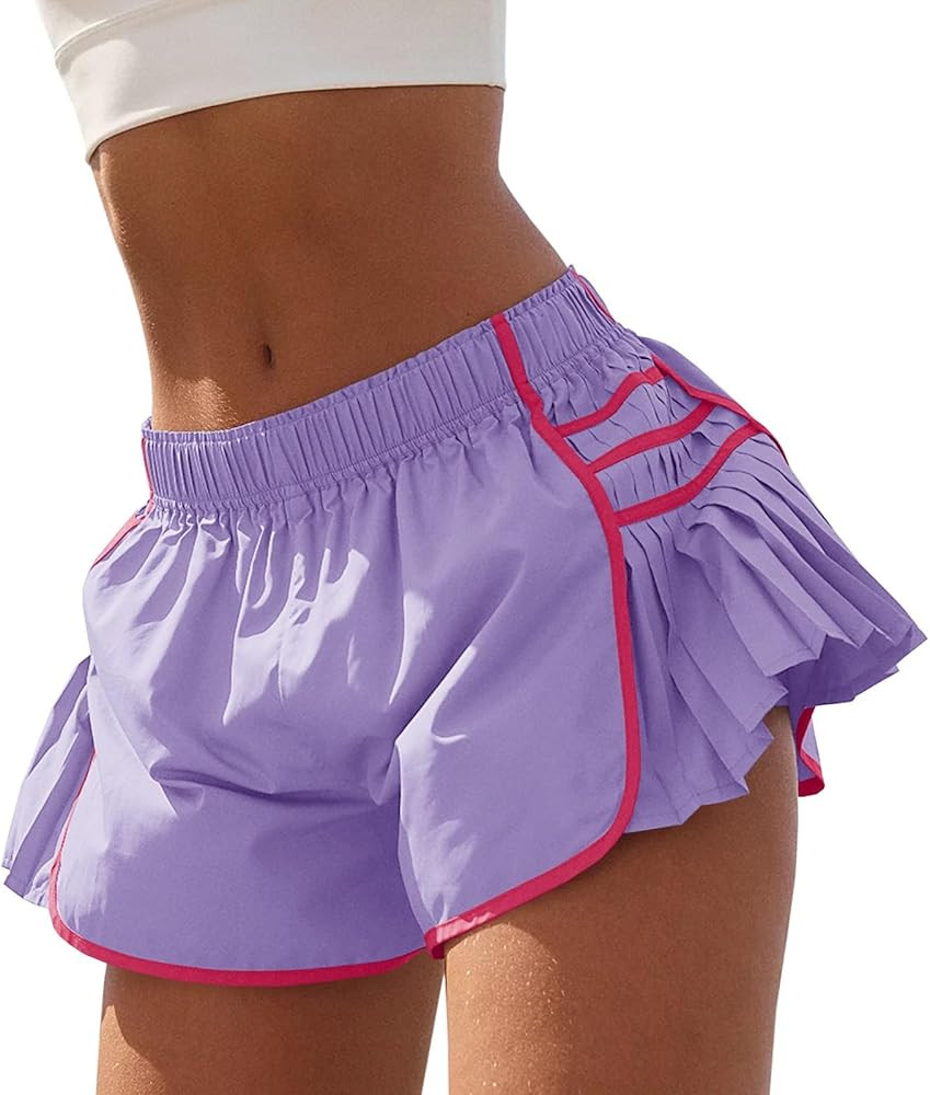 Fisoew Womens Workout Gym Shorts Running Pleated Contrast Stitch Elastic Waist Athletic Quick Dry... | Amazon (US)