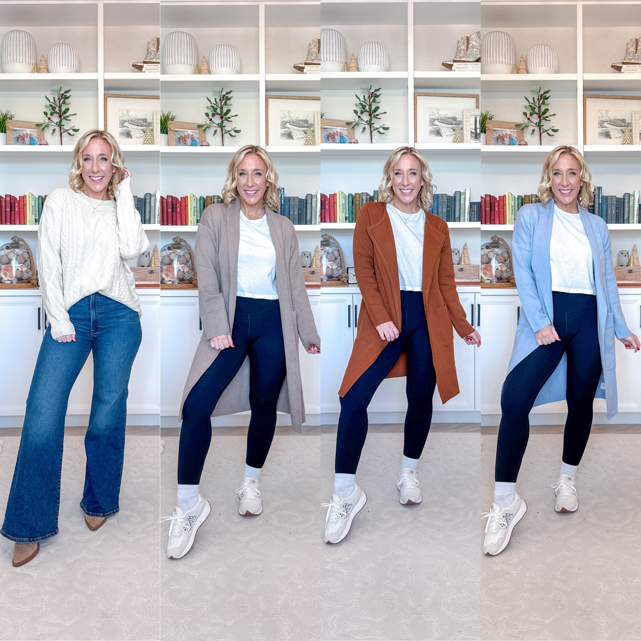 Amazon unboxing: 1 sweater & 4 coatigans:
1. Cable knit sweater - size small.
*jeans - size 26. 
2. Coating - size small. Soft, long, not overly drapey front, and long pockets. 
3. Coatigan - size small. Thicker texture and shortest of the 3. Lapel front and slightly more dressy. 
4. Coatigan - size small. Thinnest of the 3. Longer with a drapey front. 
* leggings - size small. 
* white t-shirt - size small.
* sneakers - tts  

#LTKStyleTip #LTKSeasonal #LTKFindsUnder50