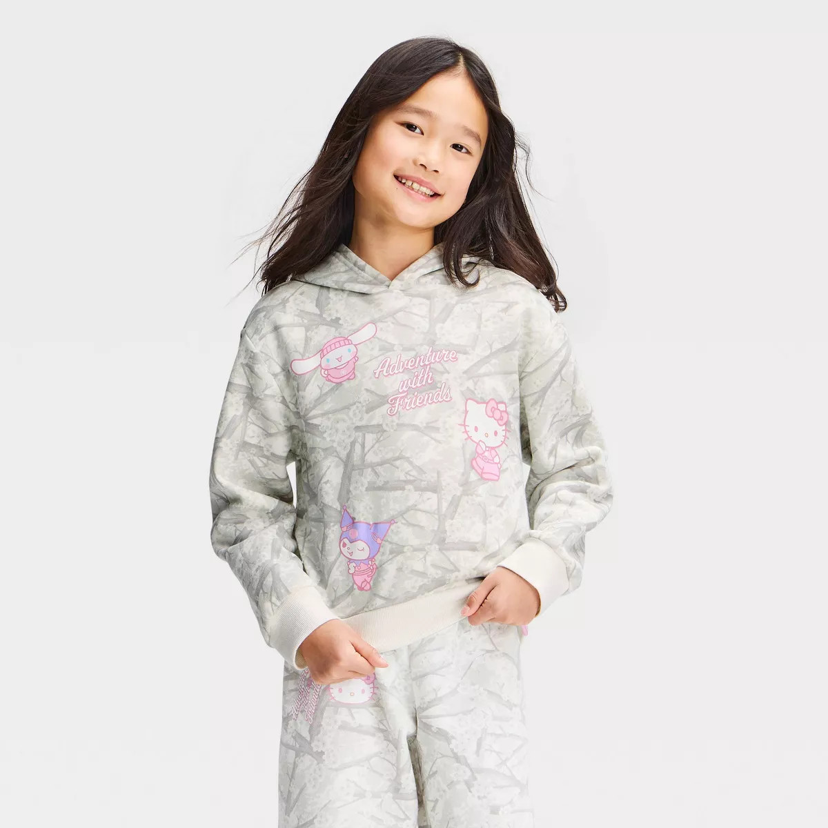 Girls' Hello Kitty Cherry Blossom Camo Fleece Hooded Front and Back Graphic Sweatshirt - White L ... | Target