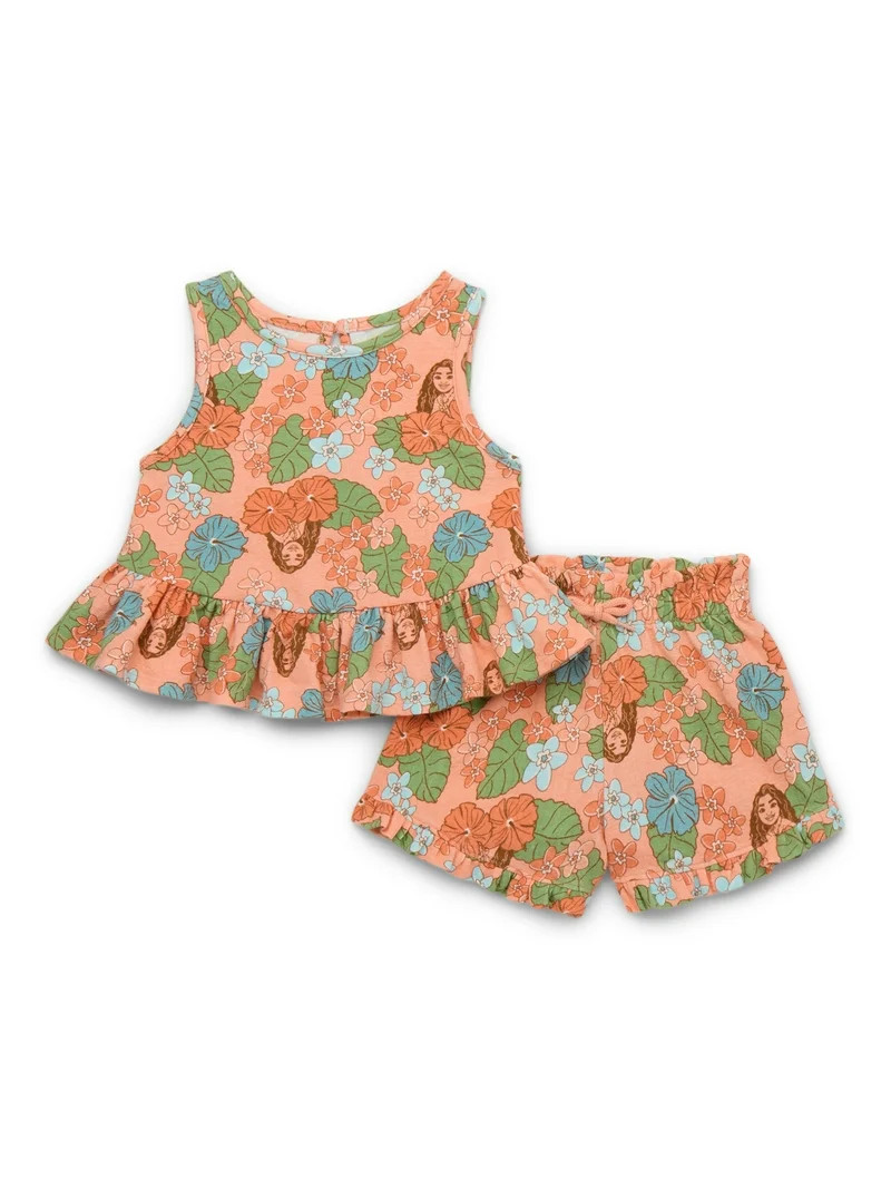 Moana Toddler Girls Ruffle Graphic Tank Top and Shorts with Pom Pom Trim, 2-Piece Set, Sizes 12M-... | Walmart (US)