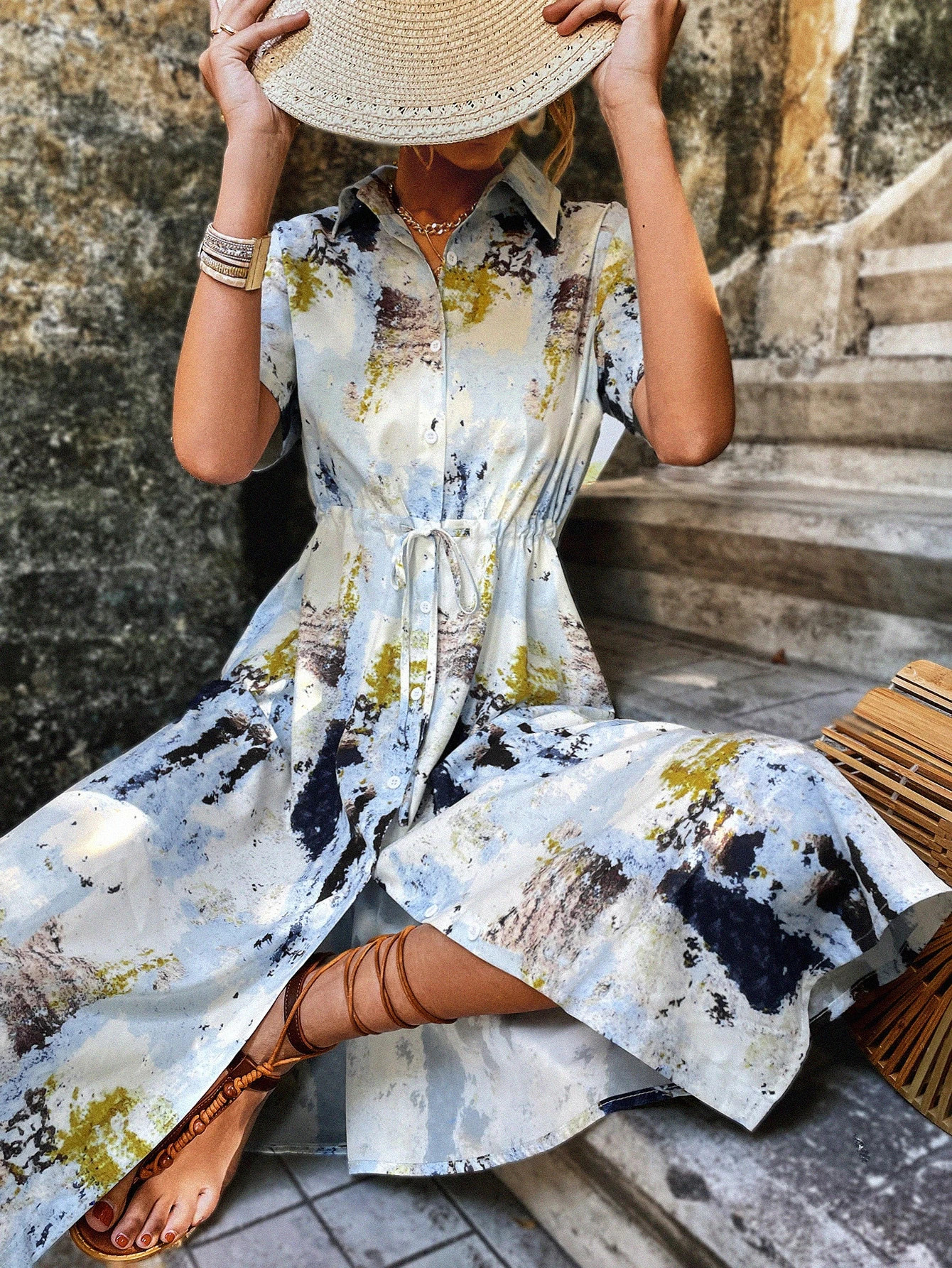 Tie Dye Drawstring Waist Shirt Dress | SHEIN