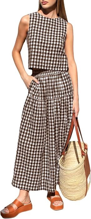 QIBABU Womens Gingham 2 Piece Outfits Casual Sleeveless Crop Top and High Waisted Tiered Skirt Pl... | Amazon (US)