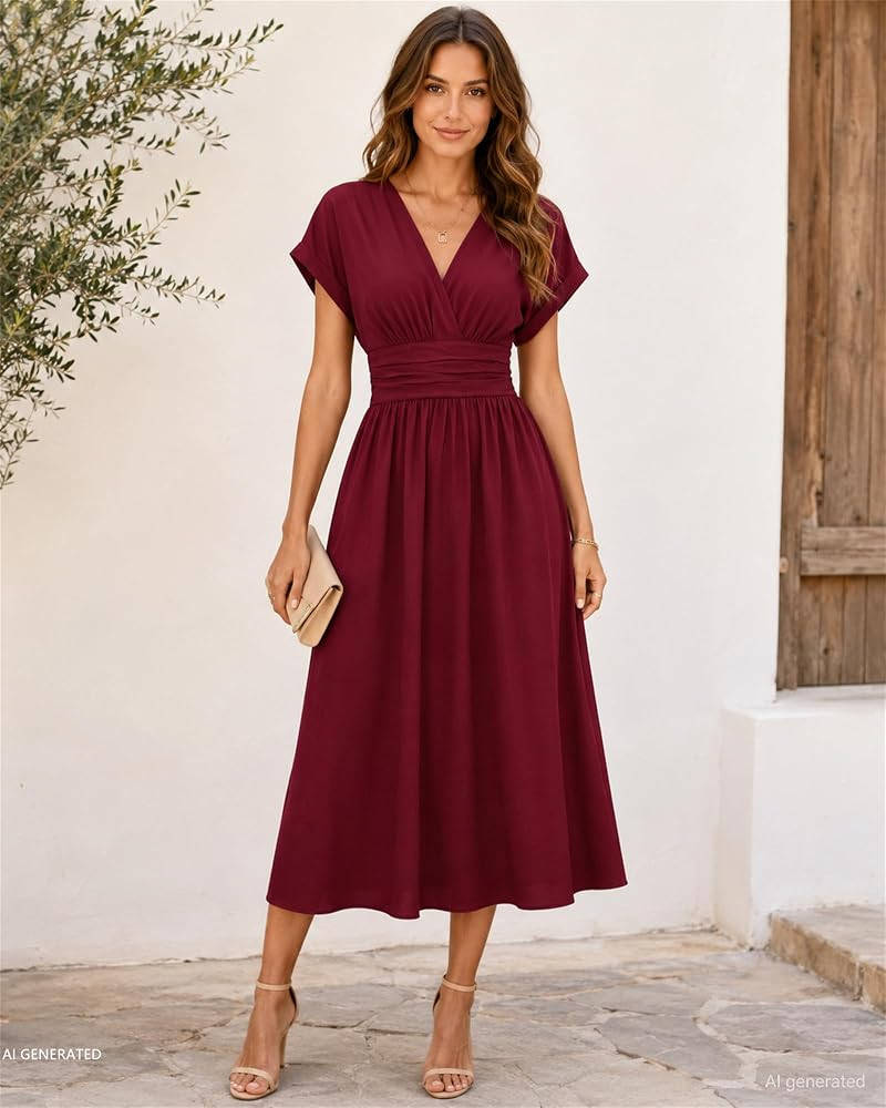 Women's Summer V Neck Midi Dress Short Sleeve Empire Waist Casual Dress | Amazon (US)