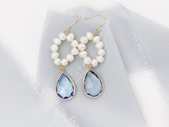 Chic Pearl Wedding Earrings, Something Blue Bridal Earrings | Etsy (US)