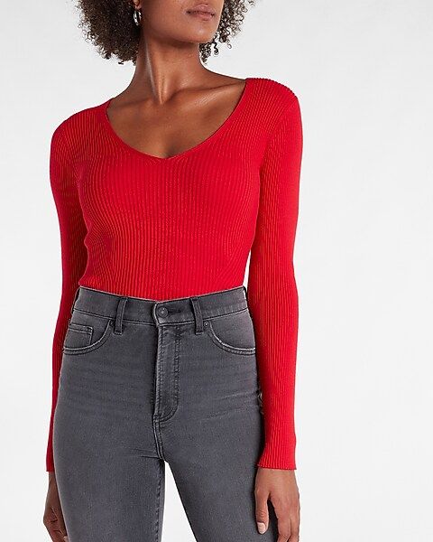 Ribbed Fitted V-Neck Sweater | Express