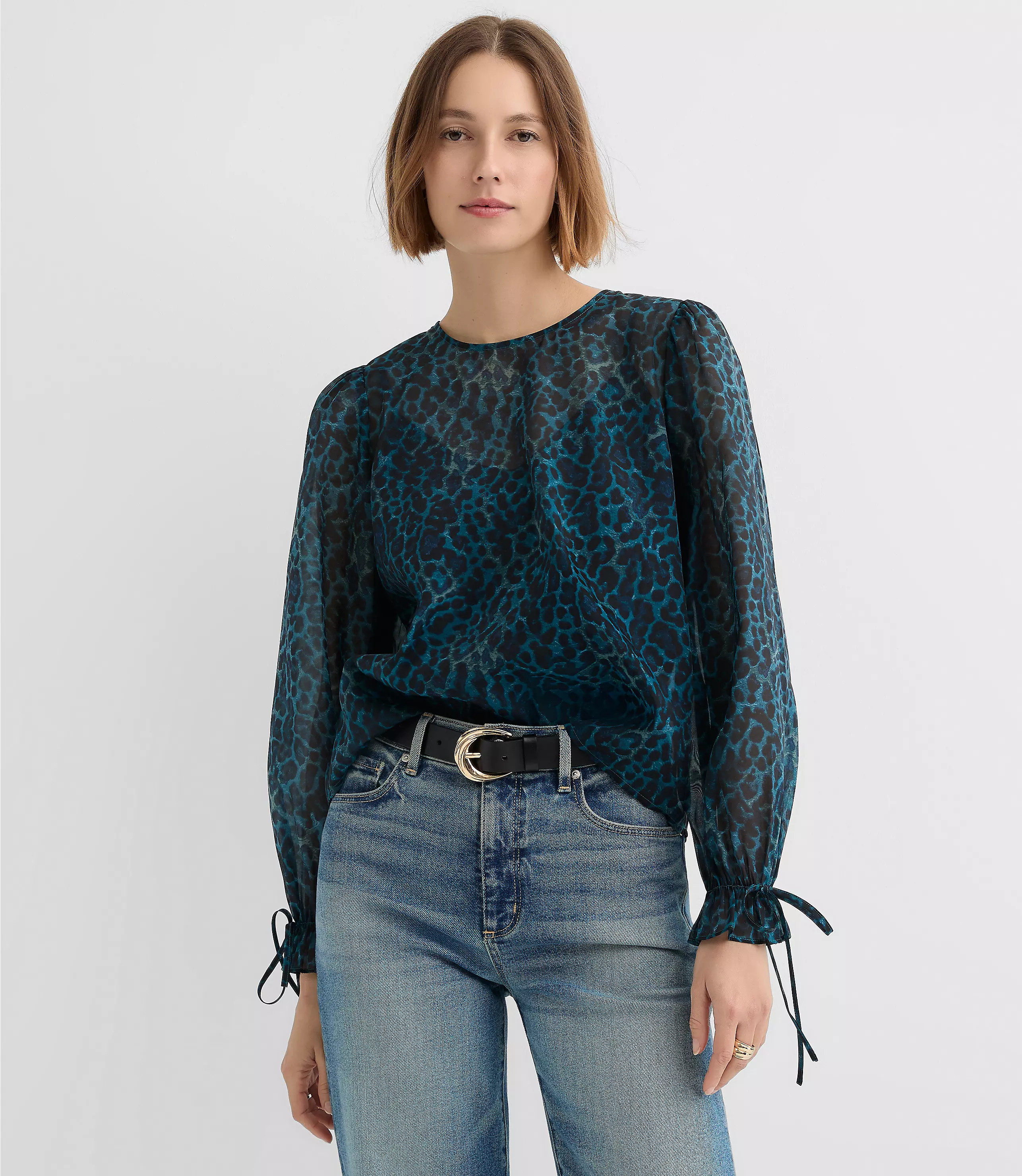 Leopard Print Ruffle Tie Cuff Blouse | LOFT