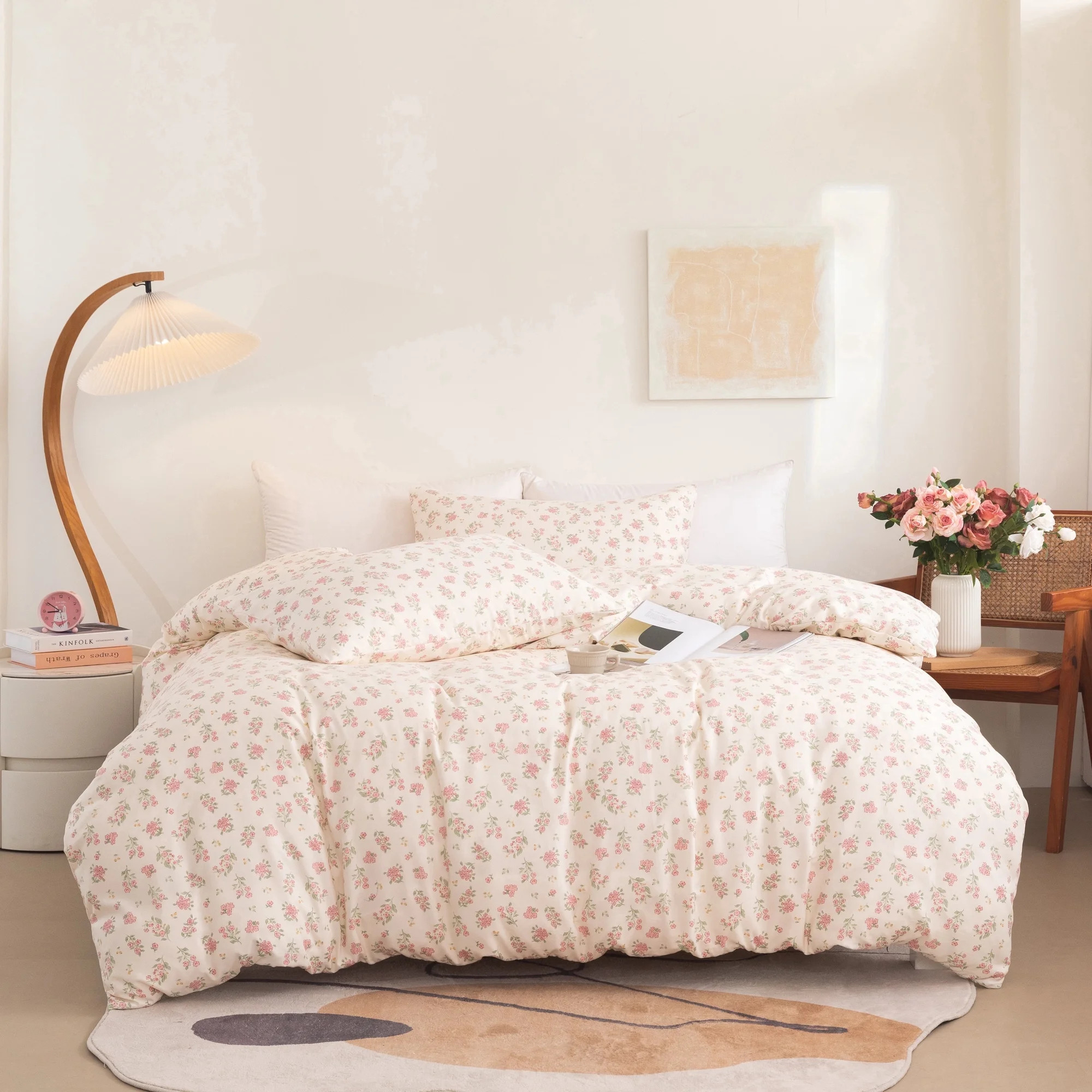 Floral Queen Size Comforter Set, Pink Flower Leaf Cute Pattern Printed Reversible Alternative Bed... | Walmart (US)