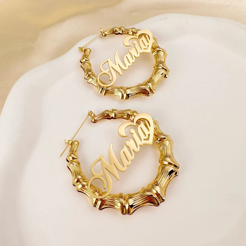 18k Gold Bamboo Earrings, Custom Name Bamboo Hoop, Nameplate Earrings, Bamboohoops, Large Hoop Ea... | Etsy (US)