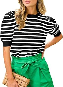 Langwyqu Womens Striped Sweaters Puff Short Sleeve Tops Crew Neck 2024 Spring Summer Trendy Casua... | Amazon (US)