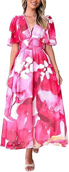 Womens V Neck Flutter Sleeve Boho Midi Dress Summer Wedding Guest Beach Party Long Dresses | Amazon (US)