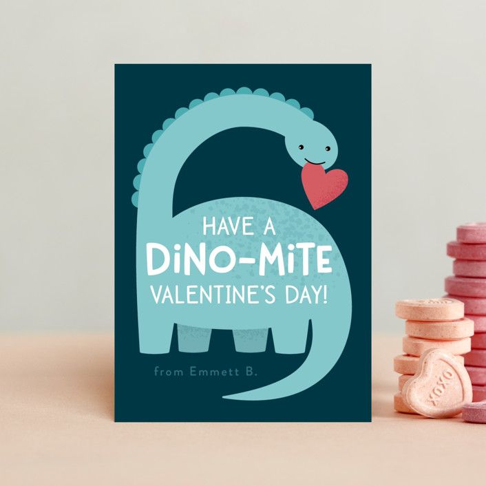 "Arched Dinosaur" - Customizable Classroom Valentine's Day Cards in Green by Kacey Kendrick Wagne... | Minted