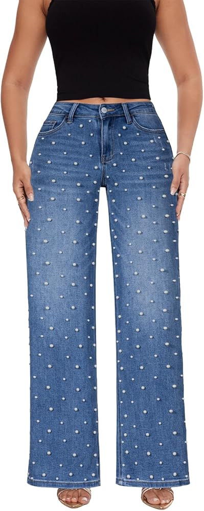 ONESO Mid-Low Rise Baggy Jeans Wide Leg for Women Distressed Pants Stretchy Bottom Lady Basic Com... | Amazon (US)